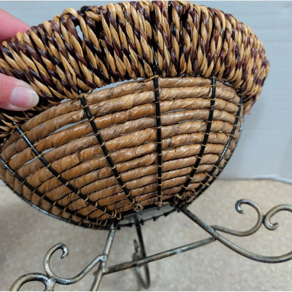 Wicker Woven Metal Pedestal Fruit Bowl Planter Storage Display Boho Large 12”